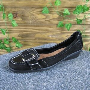 Aerosoles Black Suede Comfort Loafer Wedges | Buckle Accent | Casual Work Shoe